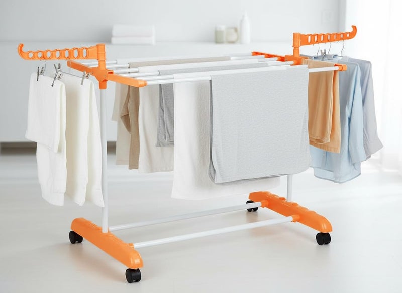 FLIPZON Premium Clothes Stand for Drying with Wheels | Portable | 1 Layer Rack for Balcony | Foldable Wings | 7 Hanger Rods | Alloy Steel & Plastic (White & Orange) | Small - Image 1