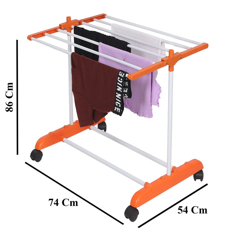 FLIPZON Premium Clothes Stand for Drying with Wheels | Portable | 1 Layer Rack for Balcony | Foldable Wings | 7 Hanger Rods | Alloy Steel & Plastic (White & Orange) | Small - Image 3