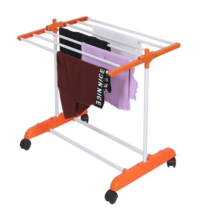 FLIPZON Premium Clothes Stand for Drying with Wheels | Portable | 1 Layer Rack for Balcony | Foldable Wings | 7 Hanger Rods | Alloy Steel & Plastic (White & Orange) | Small - Image 4