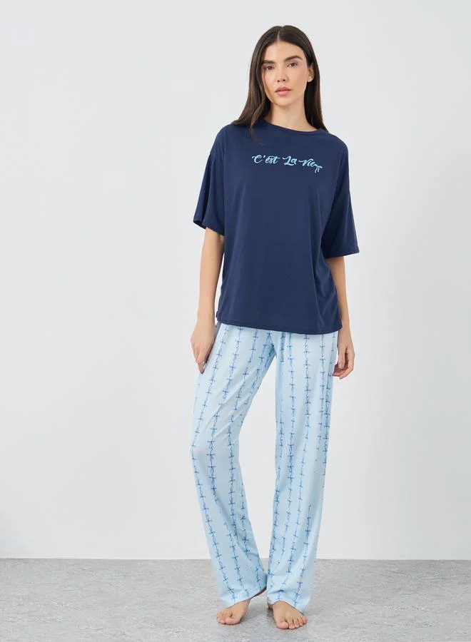 ستايلي Styli Slogan Print Short Sleeve T-Shirt and Pyjama Set