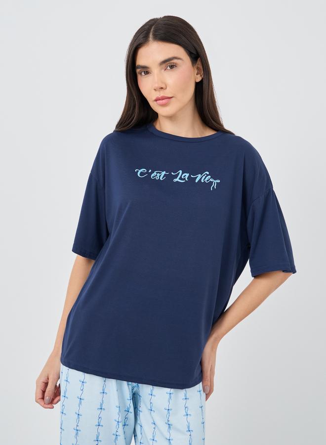 Styli Slogan Print Short Sleeve T-Shirt and Pyjama Set - Image 3