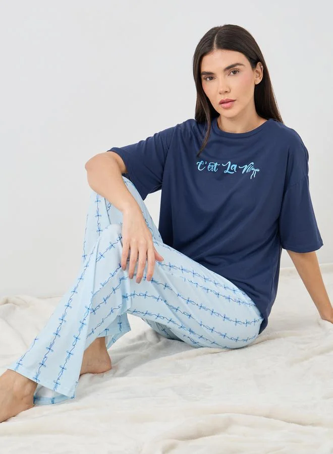 ستايلي Styli Slogan Print Short Sleeve T-Shirt and Pyjama Set