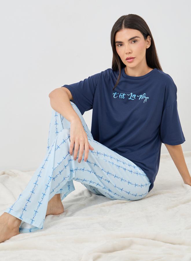 Styli Slogan Print Short Sleeve T-Shirt and Pyjama Set - Image 1