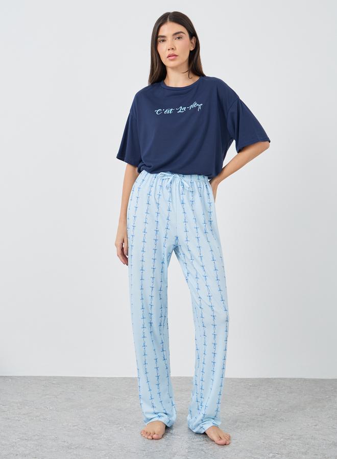 Styli Slogan Print Short Sleeve T-Shirt and Pyjama Set - Image 5