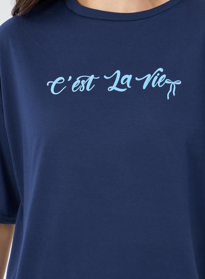 Styli Slogan Print Short Sleeve T-Shirt and Pyjama Set - Image 4