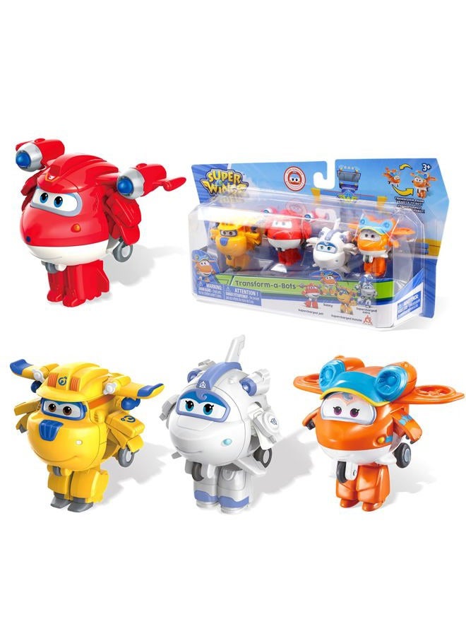 SUPER WINGS 2" Transform-a-Bots 4-Pack, Supercharged Jett, Donnie, Astra, Sunny, Airplane Toys Vehicle Mini Figures, Fun Toys for Kids, Transformer Toys for 3 4 5 Year Old Boys and Girls - Image 1