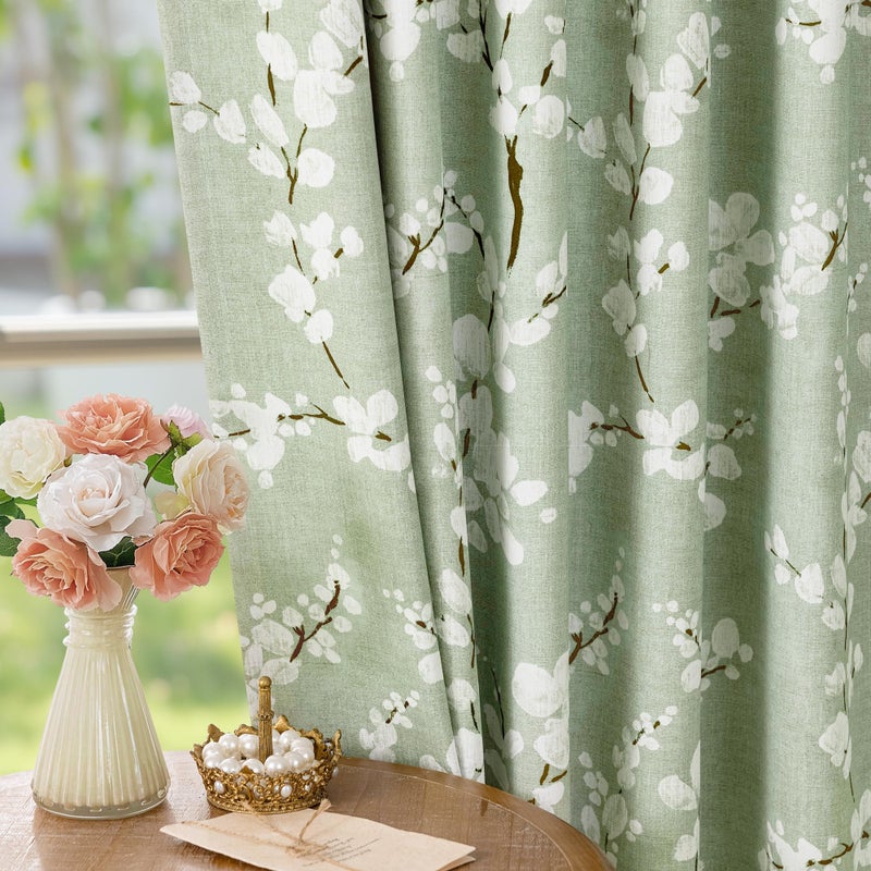 FMFUNCTEX 100% Blackout Floral Curtains for Bedroom, Sage Green Curtains 84 inch Length Blossom Patterned for Living Room, Thermal Insulated Farmhouse Drapes, Rod Pocket 2 Panels (White on Green) - Image 1