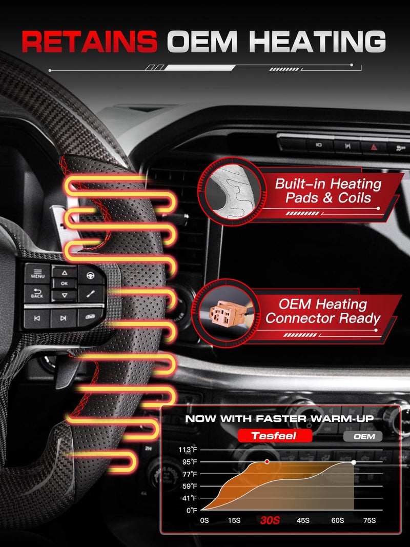 TESFEEL Real Carbon Fiber Steering Wheel with Heated for F150 Raptor (Gen3) 2021-2025, Double-D Flat-Top & Bottom Racing Design, Orange Stripe & Stitching, Fits for Raptor (Base V6 Models) - Image 4
