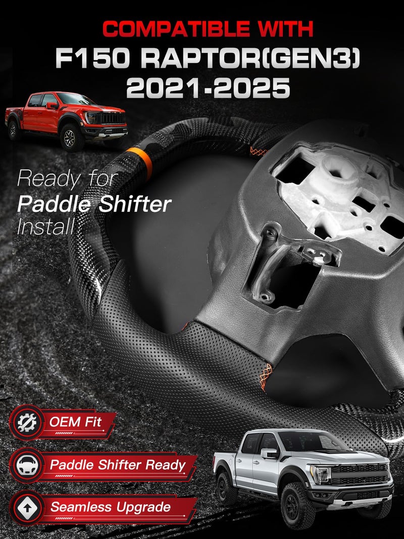 TESFEEL Real Carbon Fiber Steering Wheel with Heated for F150 Raptor (Gen3) 2021-2025, Double-D Flat-Top & Bottom Racing Design, Orange Stripe & Stitching, Fits for Raptor (Base V6 Models) - Image 2