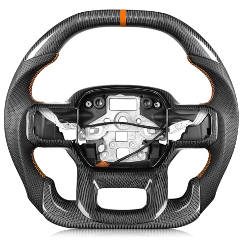 TESFEEL Real Carbon Fiber Steering Wheel with Heated for F150 Raptor (Gen3) 2021-2025, Double-D Flat-Top & Bottom Racing Design, Orange Stripe & Stitching, Fits for Raptor (Base V6 Models) - Image 1