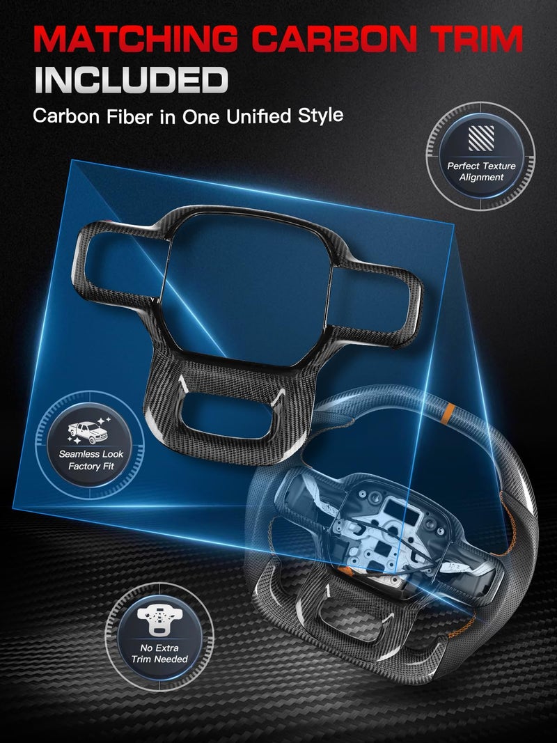 TESFEEL Real Carbon Fiber Steering Wheel with Heated for F150 Raptor (Gen3) 2021-2025, Double-D Flat-Top & Bottom Racing Design, Orange Stripe & Stitching, Fits for Raptor (Base V6 Models) - Image 5