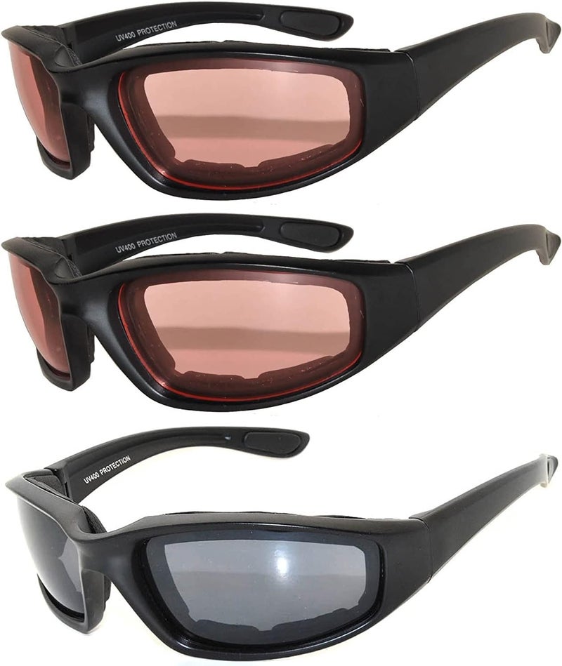 OWL 3 Pack Motorcycle Riding Glasses, Padded Sport Sunglasses, Assorted Colors for Men and Women - Image 1