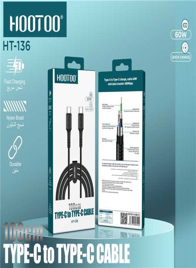 هوتو سلك شاحن تايب سي يدعم نقل البيانات و الشحن السريع PD حتى 60 واط. كيبل تايب سي قماشي قوي ومتين ضد القطع. سلك تايب سي بطول 1 متر. وصلة شاحن تايب سي قوي وخفيف الوزن. كابل شحن type c ايفون، ايباد، سامسونج، هواوي، شومي وغيرها العديد من الاجهزة. - Image 2