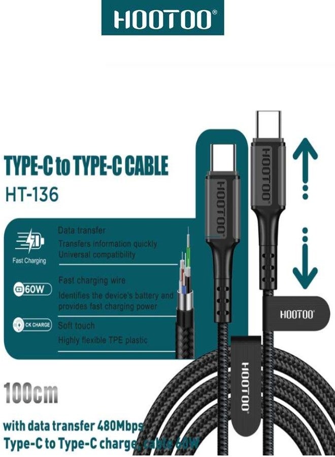هوتو سلك شاحن تايب سي يدعم نقل البيانات و الشحن السريع PD حتى 60 واط. كيبل تايب سي قماشي قوي ومتين ضد القطع. سلك تايب سي بطول 1 متر. وصلة شاحن تايب سي قوي وخفيف الوزن. كابل شحن type c ايفون، ايباد، سامسونج، هواوي، شومي وغيرها العديد من الاجهزة. - Image 3