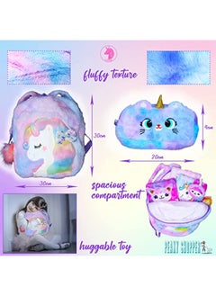PEAKY KIDS Fluffy Unicorn Backpack 3D Rainbow Color Cute Plush Bag with Fuzzy Notebook Pom Pen and Stickers Soft Toy Stylish School Supplies  - Image 2