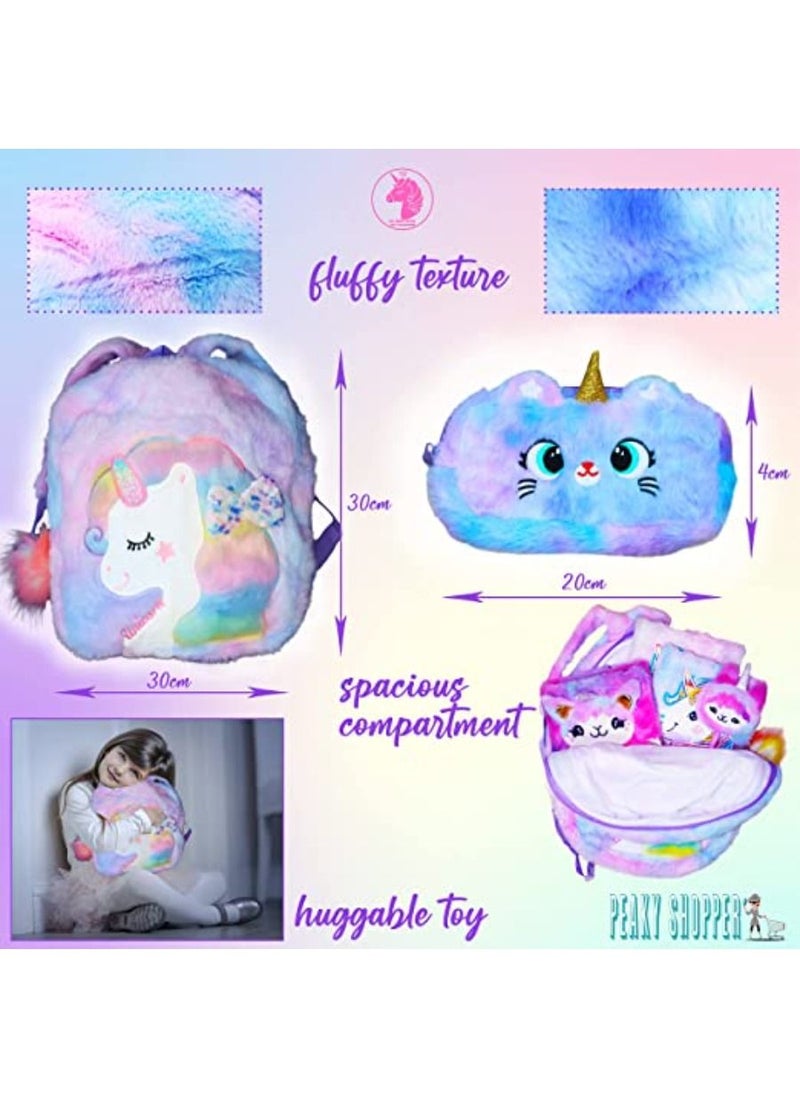 PEAKY KIDS Fluffy Unicorn Backpack 3D Rainbow Color Cute Plush Bag with Fuzzy Notebook Pom Pen and Stickers Soft Toy Stylish School Supplies  - Image 2