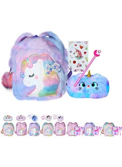 PEAKY KIDS Fluffy Unicorn Backpack 3D Rainbow Color Cute Plush Bag with Fuzzy Notebook Pom Pen and Stickers Soft Toy Stylish School Supplies  - Image 1
