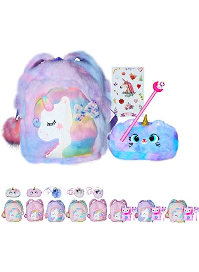 PEAKY KIDS Fluffy Unicorn Backpack 3D Rainbow Color Cute Plush Bag with Fuzzy Notebook Pom Pen and Stickers Soft Toy Stylish School Supplies  - Image 1