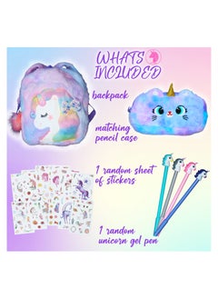 PEAKY KIDS Fluffy Unicorn Backpack 3D Rainbow Color Cute Plush Bag with Fuzzy Notebook Pom Pen and Stickers Soft Toy Stylish School Supplies  - Image 4