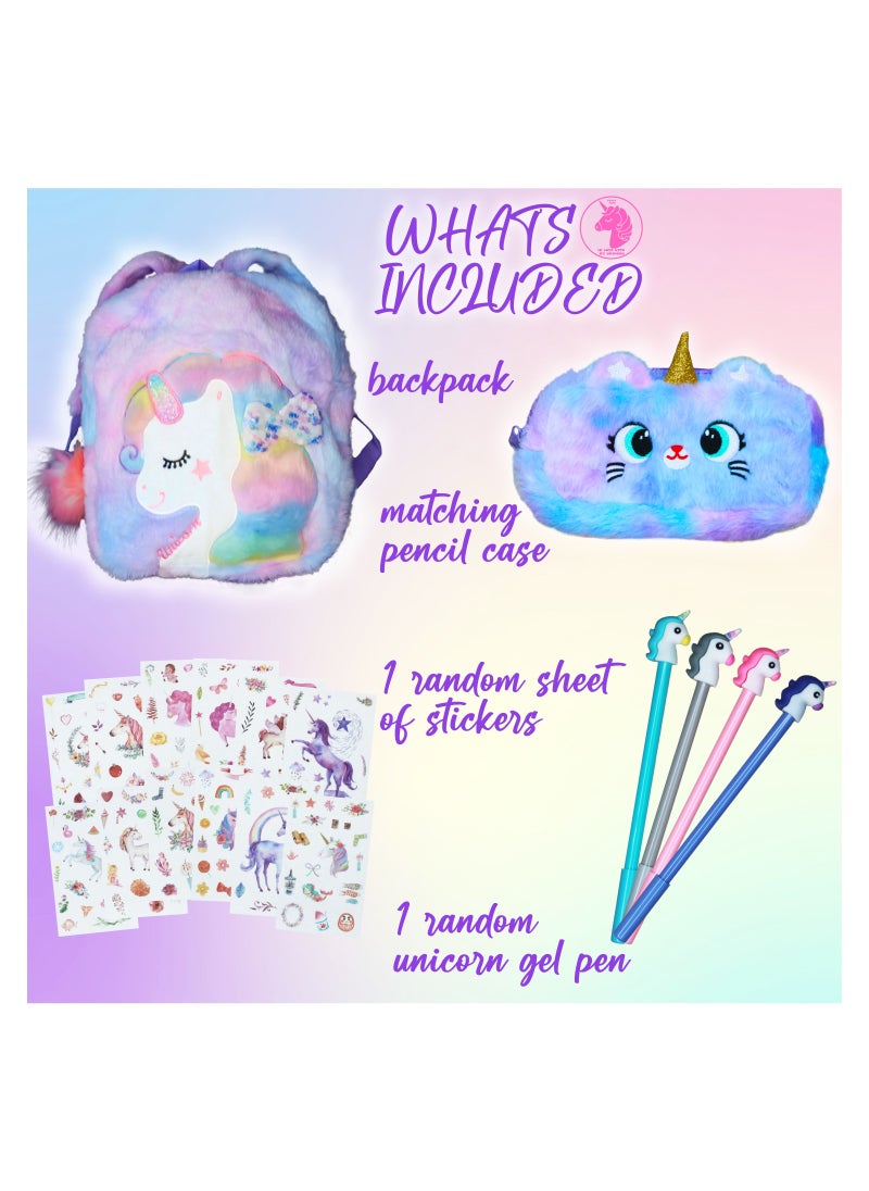 PEAKY KIDS Fluffy Unicorn Backpack 3D Rainbow Color Cute Plush Bag with Fuzzy Notebook Pom Pen and Stickers Soft Toy Stylish School Supplies  - Image 4