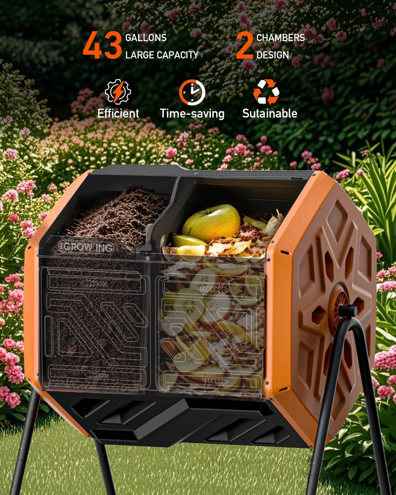 THE GROW'ING THEGROW'ING Updated 43 Gallon Compost Bin Outdoor, Fast Assemble Tumbling Composter, Dual Chamber Composter Tumbler, Rotating Compost Bin for Outside, Backyard, Garden and Yard, Orange - Image 4