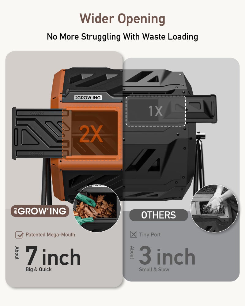 THE GROW'ING THEGROW'ING Updated 43 Gallon Compost Bin Outdoor, Fast Assemble Tumbling Composter, Dual Chamber Composter Tumbler, Rotating Compost Bin for Outside, Backyard, Garden and Yard, Orange - Image 3