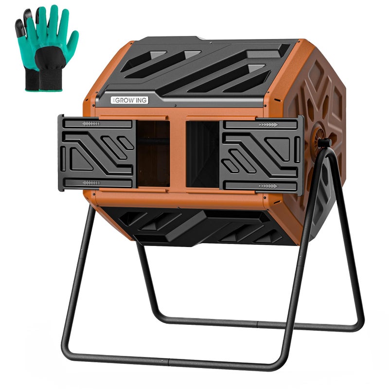 THE GROW'ING THEGROW'ING Updated 43 Gallon Compost Bin Outdoor, Fast Assemble Tumbling Composter, Dual Chamber Composter Tumbler, Rotating Compost Bin for Outside, Backyard, Garden and Yard, Orange - Image 1