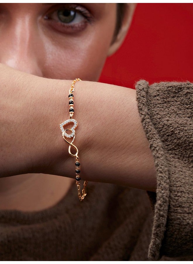 MINUTIAE Adjustable Stylish Infinity Sign With Love Heart Black Beads Mangalsutra Brass Bracelet for Women - Image 4