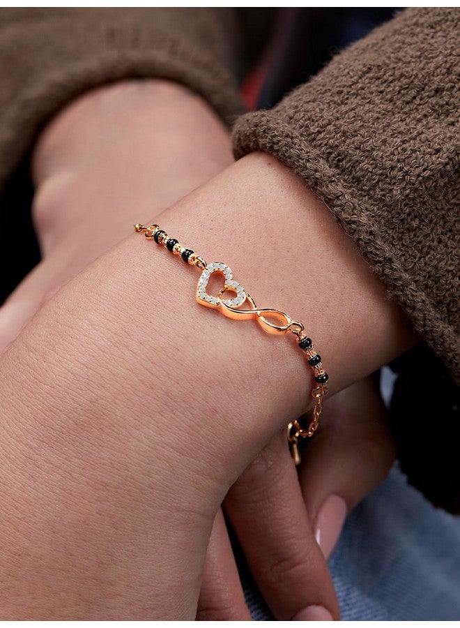 MINUTIAE Adjustable Stylish Infinity Sign With Love Heart Black Beads Mangalsutra Brass Bracelet for Women - Image 2