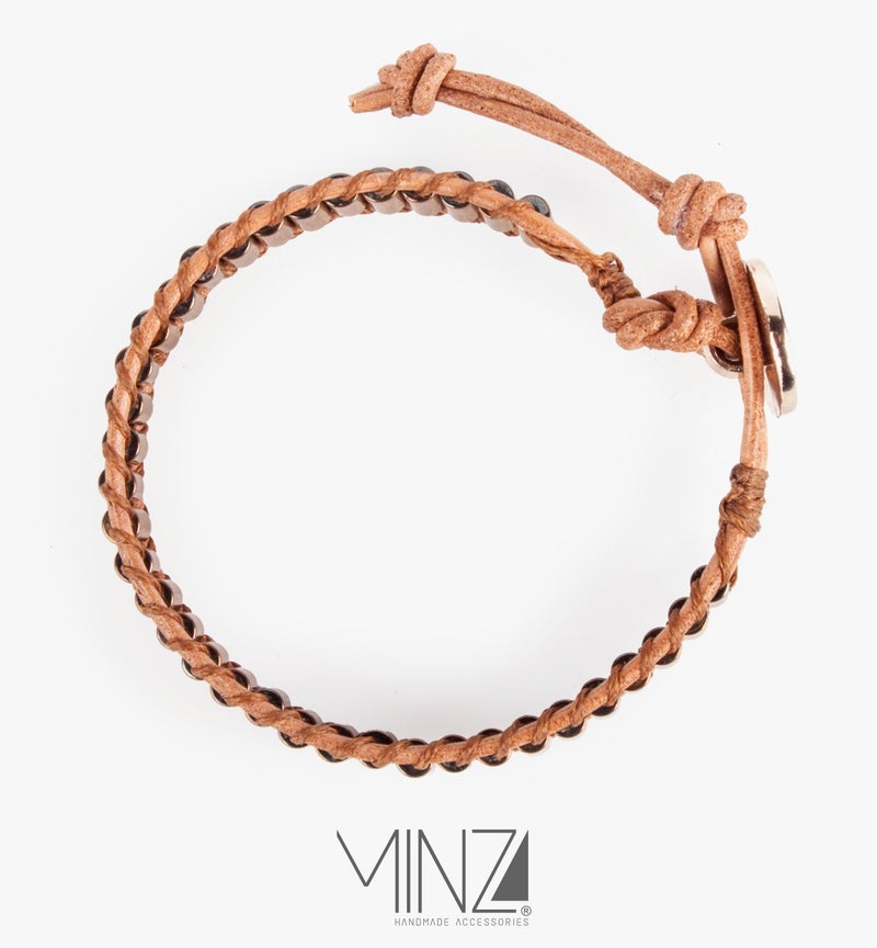 Minza “Lambrusco” Women’s Bracelet, Hematite Stones & Natural Leather Bands, Handmade Hemp Cord Bracelet, Adjustable Button Closure, Jewelry for Casual & Everyday Wear. - Image 2