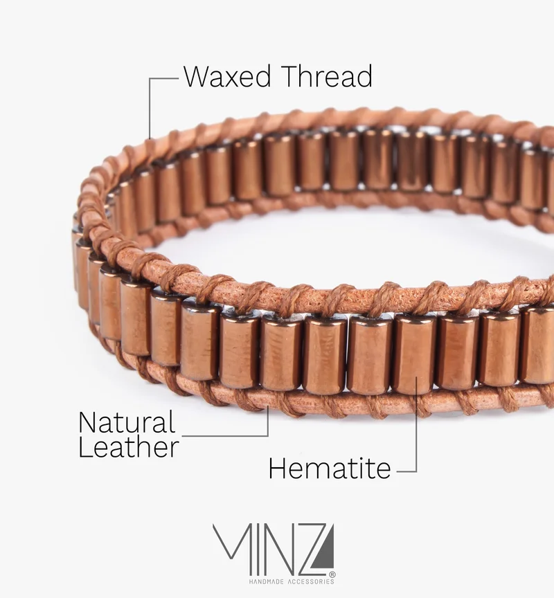 Minza  Minza “Lambrusco” Women’s Bracelet, Hematite Stones & Natural Leather Bands, Handmade Hemp Cord Bracelet, Adjustable Button Closure, Jewelry for Casual & Everyday Wear. for Women | Best Price UAE