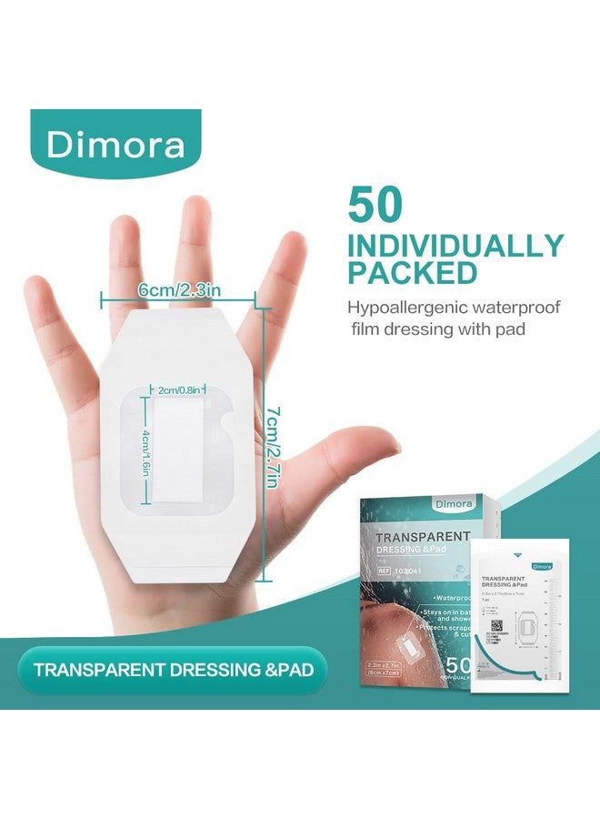 Dimora Dimora Transparent Film Dressing with Pad 50 Pack, 2.3"x2.7" Waterproof Adhesive Bandages Post Surgical Wound Cover Barrier Film - Image 1