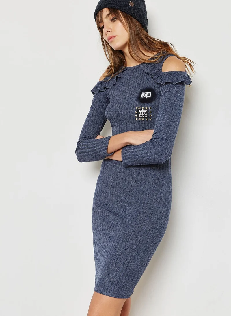 Ginger Ribbed Badge Cold Shoulder Dress
