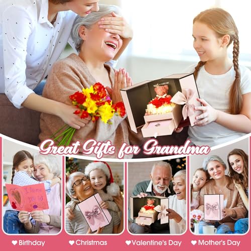 ADDWel Great Gifts for Grandma, Preserved Real Roses with I Love You 100 Languags Grandma Necklace, Cute Bear and Meaningful Eternal Roses for Grandmother Nana Birthday - Image 3