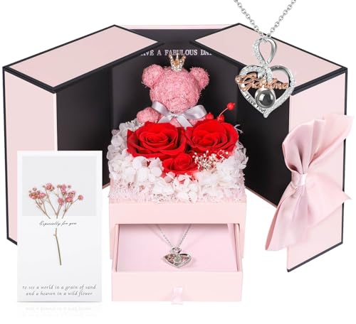 ADDWel Great Gifts for Grandma, Preserved Real Roses with I Love You 100 Languags Grandma Necklace, Cute Bear and Meaningful Eternal Roses for Grandmother Nana Birthday - Image 1