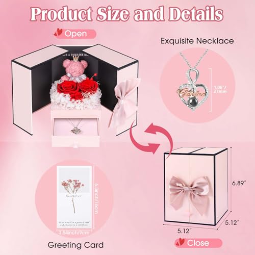 ADDWel Great Gifts for Grandma, Preserved Real Roses with I Love You 100 Languags Grandma Necklace, Cute Bear and Meaningful Eternal Roses for Grandmother Nana Birthday - Image 4