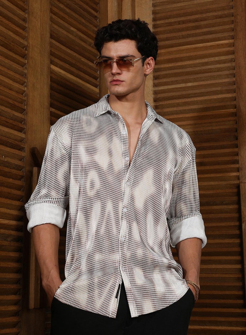 Campus Sutra Campus Sutra Men's Off-White & Gold Metallic Abstract-Gradient Pleated Shirt For Casual Wear | Spread Collar | Long Cuffed Sleeves | Button Closure | Shirt Crafted With Comfort Fit For Everyday Wear - Image 1