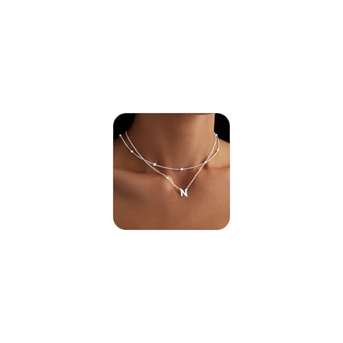 Poxtex Initial Necklaces for Women Silver Plated Letter N Necklace Dainty Trendy Silver Name Necklace Personalized Initial Tag Pendant Choker Necklaces for Women Silver Jewelry Gifts for Women - Image 1
