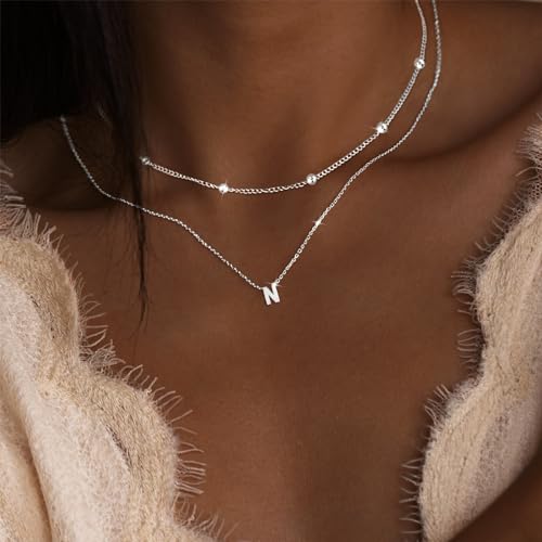 Poxtex Initial Necklaces for Women Silver Plated Letter N Necklace Dainty Trendy Silver Name Necklace Personalized Initial Tag Pendant Choker Necklaces for Women Silver Jewelry Gifts for Women - Image 2