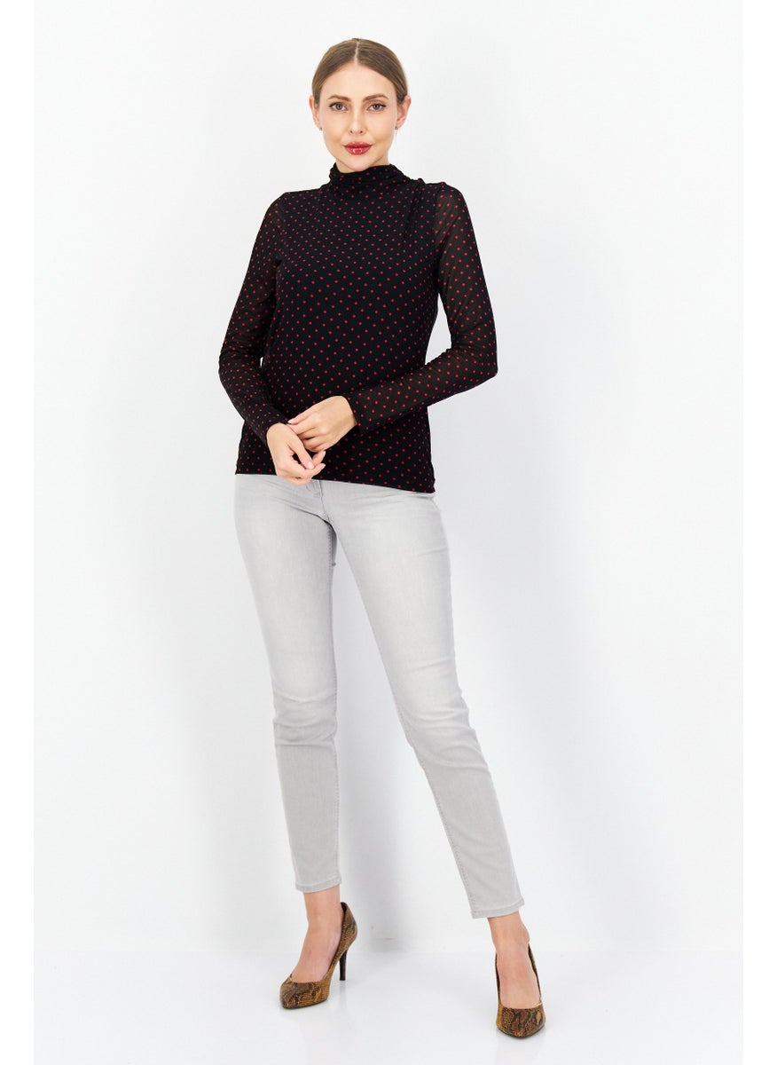Zero - Women High Neck Long Sleeve All Over Print Blouse Top, Black - Image 1