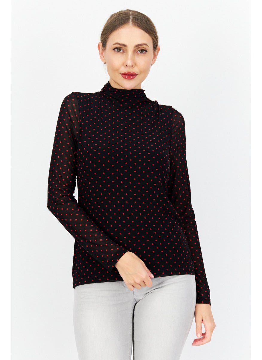 Zero - Women High Neck Long Sleeve All Over Print Blouse Top, Black - Image 1