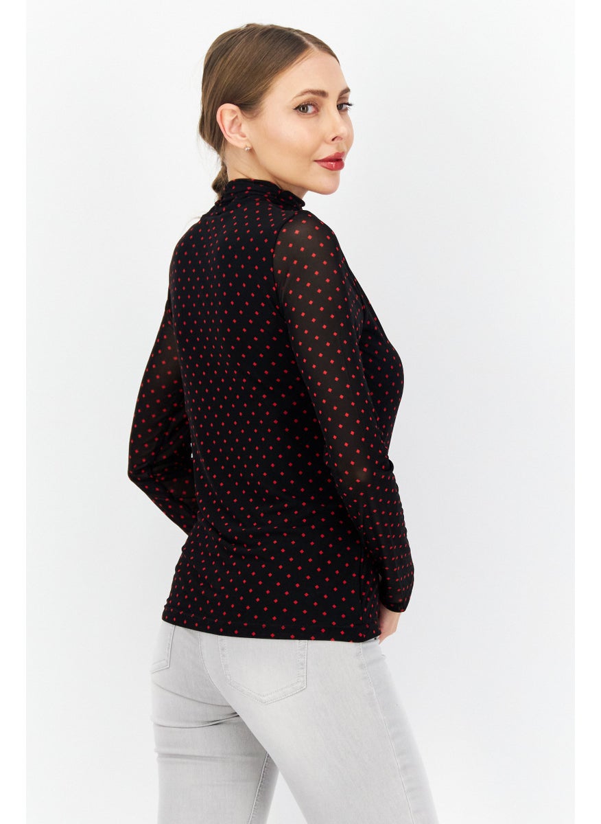 Zero - Women High Neck Long Sleeve All Over Print Blouse Top, Black - Image 1