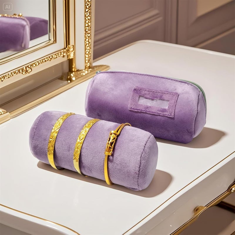 SCIKHEFT Velvet Bangle & Bracelet Organizers and Storage Small Jewelry Travel Organizer Roll, Compact Jewelry Case for Bangles, Bracelets, Watches(Light Purple) - Image 1