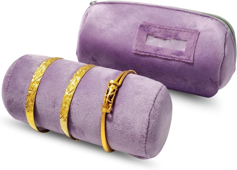 SCIKHEFT Velvet Bangle & Bracelet Organizers and Storage Small Jewelry Travel Organizer Roll, Compact Jewelry Case for Bangles, Bracelets, Watches(Light Purple) - Image 4