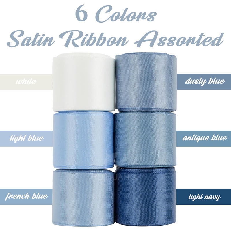 HUIHUANG Blue Ribbon 1-1/2" Dusty Blue/French Blue/Antique Blue/Navy/Light Blue and White Satin Ribbons for Wedding Flower Bouquet Hair Bows Gift Wrapping Crafts- 6 Rolls, Total 30 Yards - Image 2