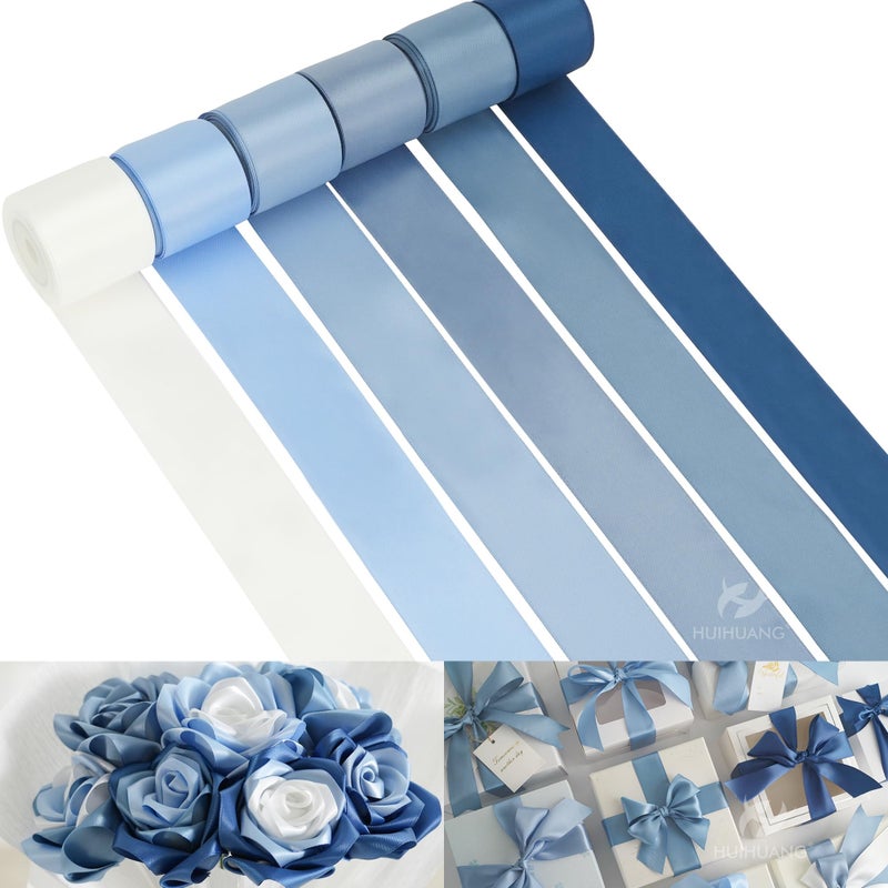 HUIHUANG Blue Ribbon 1-1/2" Dusty Blue/French Blue/Antique Blue/Navy/Light Blue and White Satin Ribbons for Wedding Flower Bouquet Hair Bows Gift Wrapping Crafts- 6 Rolls, Total 30 Yards - Image 1