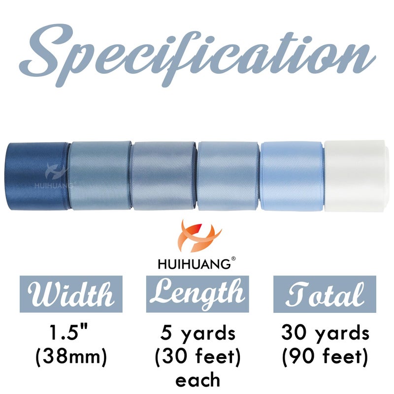 HUIHUANG Blue Ribbon 1-1/2" Dusty Blue/French Blue/Antique Blue/Navy/Light Blue and White Satin Ribbons for Wedding Flower Bouquet Hair Bows Gift Wrapping Crafts- 6 Rolls, Total 30 Yards - Image 5