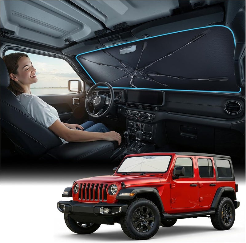 Nmoiss Windshield Sun Shade Umbrella for Jeep - [Vinyl Coating Heat Shield] Protect Car from Sun Rays & Heat Damage Keep Cool and Protect Interior, Spring Structure Edge - Image 1