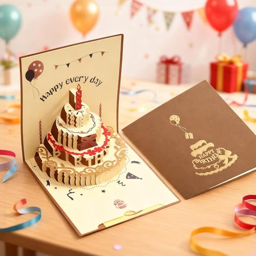 Agniphant 3D Pop-Up Birthday Card with Beautiful Cake Design | Lovely Greeting Card with Envelope, Special Birthday Gifts for Husband, Wife, Sister, Friends,child (Brown) - Image 1