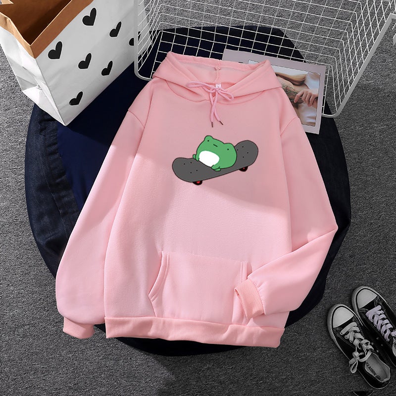 2021 Skateboard Frog Loose Fit Hoodie Pink 